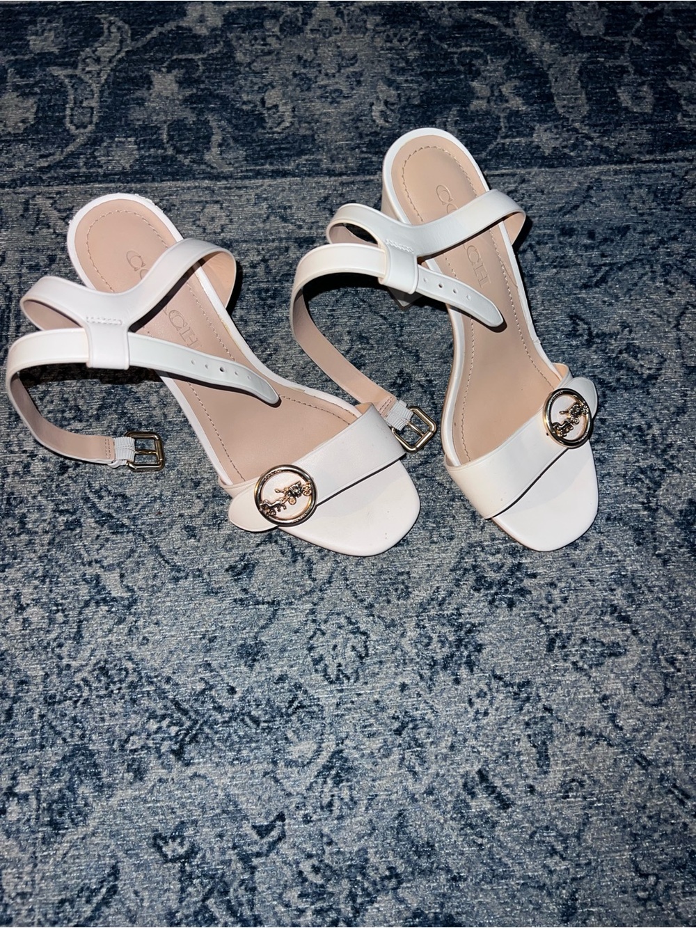 Coach White Leather Strappy Sandals with Gold Logo Accent